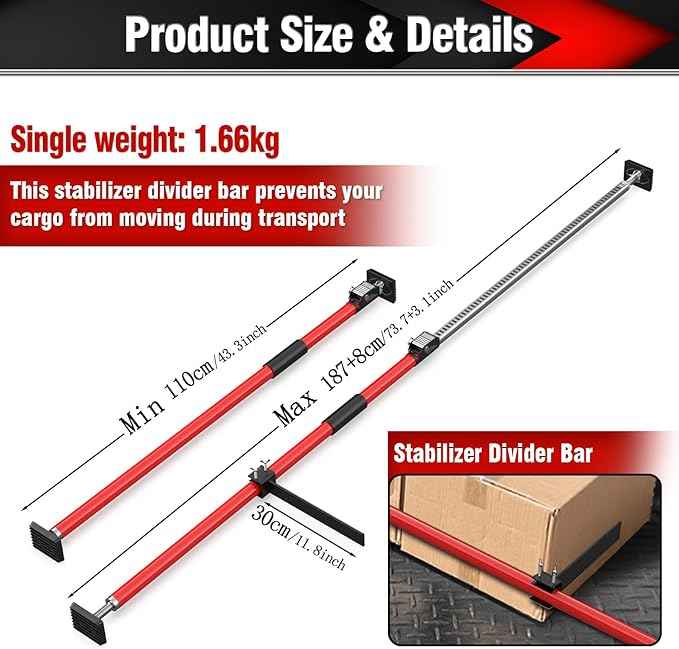 3-H Truck Cargo Bar, 43"-77" Adjustable Support Pole All Metal,Cabinet Jack,Truck Bed Divider with Self-Locking Spring Ratchet - Load Lock Bar for Vans, SUVs & Trucks,Red,2pc & Divider Bar