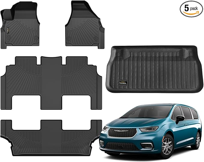 Floor Mats & Cargo Liner Custom for Chrysler Pacifica 2017-2024 2025 Hybrid 7-Seater Touring (Not for Pinnacle) All Weather TPE Rubber Trunk Mat Automotive Floor Liners for Pacifica 2025 Accessories