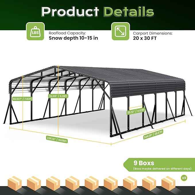 20x30FT Heavy Duty Metal Carport, Outdoor Portable Car Garage w/Reinforced Support Rods & Windproof Ground Anchors, All-Season Versatile Outdoor Shelter for 3 Car, Boats, Truck