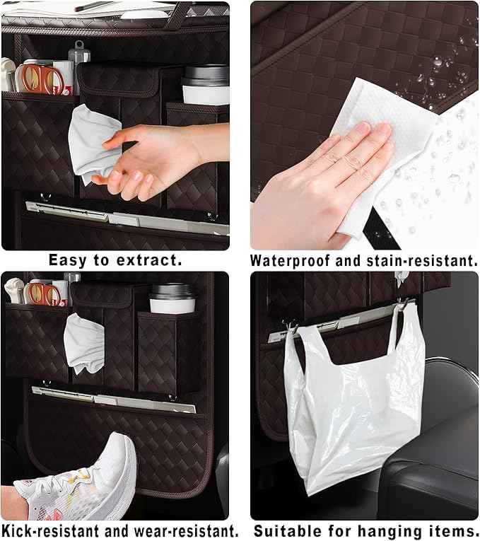 GMQ Back Seat Car Organizer 1 Pack,Backseat Organizer with Tray,Multifunctional Car Seat Back Storage Box with Foldable Tablet Holder (Coffee, Weave)