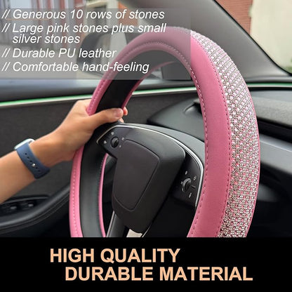 PINCTROT Bling Comfy Steering Wheel Cover for Tesla Model Y/3 Highland/Juniper, D Shaped 14 Inch Small Sized with Jumbo Crystal Rhinestones, Flat Bottom with Anti-Slip Diamond Leather (All Pink)