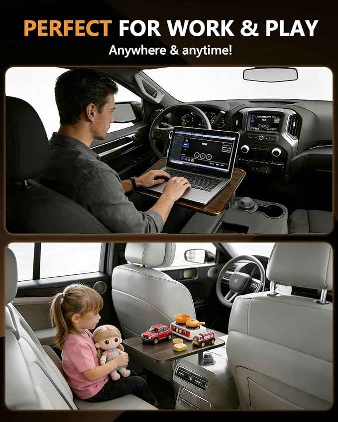 Car Desk for Laptop, 360° Rotation Cup Holder Table, Car Table & Car Food Tray for Tesla Model Y/3, F-150/Ram 1500/GMC Sierra 1500 & Most Vehicles, Car Accessories for Women & Men(Long Pole)