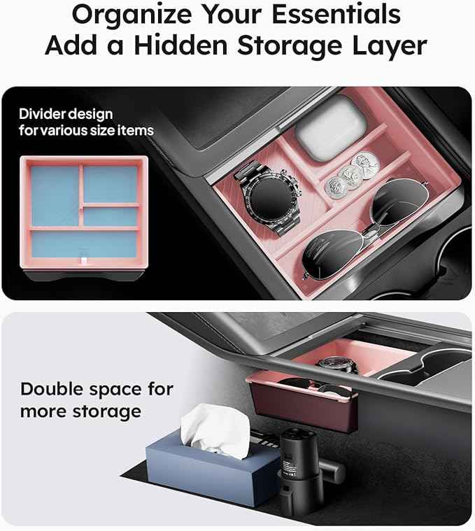 Wigoo Center Console Organizer for Tesla Model Y Juniper (Only Premium & Performance 2025 2026) and All Model 3 Highland Accessories [Double-Layer Storage, Smooth Sliding] 4PCS Pink