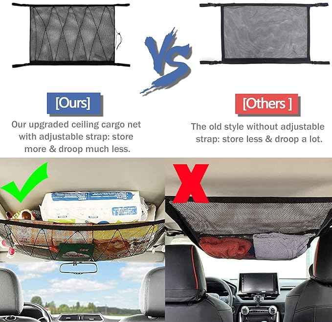 Car Ceiling Storage Net | Double Zipper, Adjustable Strap Prevent Falling, 31"x21"Double-Layer Mesh Long Road Trip Camping Van SUV Roof Cargo Pocket Organizer for Putting Quilt Toys Sundries