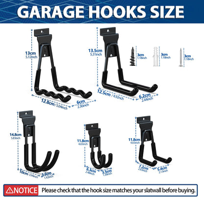 3-H Slatwall Accessories 10 Pack,Slatwall Hooks & Hangers 5 Sizes,Slat Wall Hanging Hooks Heavy Duty,Proslat Accessories for Garage Storage Wall Panels Organzing Garden Tools Chairs Ladder(Black)