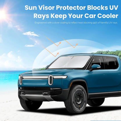 Custom Fit Rivian R1T Windshield Sunshade for 2022-2023 2024 2025 Rivian R1T Accessories Front Window Sun Shades Shield Cover for Windshield Foldable 210T Sun Visor Protector Blocks UV Ray