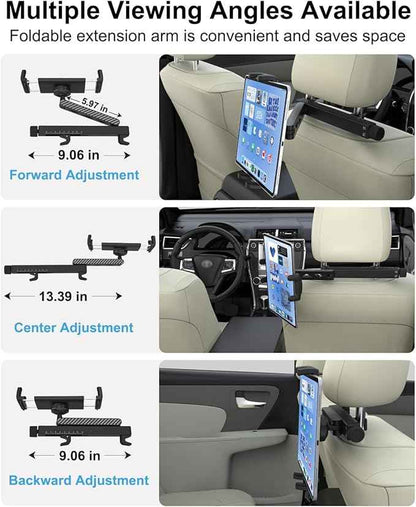 Backseat Tablet Holder for Car Headrest, Anti-Shake Adjustable Arm Mount for Kids, Foldable Car Tablet Mount for Road Trips, Fits iPad Pro/Air/Mini, Galaxy Tab, Fire (4-13”)