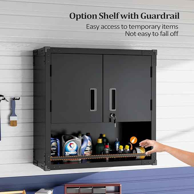 VINGLI Garage Wall Cabinet with Locking Doors and Adjustable Shelf, Metal Wall Cabinet, Floating Upper Storage Cabinet (Black, 30''W x 12''D x 30''H)