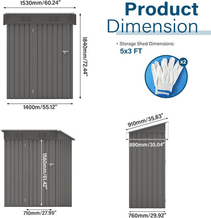 5X3 FT Metal Outdoor Storage Shed, Waterproof Tool House with Pitched Roof and Lockable Door, Weather-Resistant Garden Sheds for Backyard, Patio, Sundries and Bike Storage, Gray