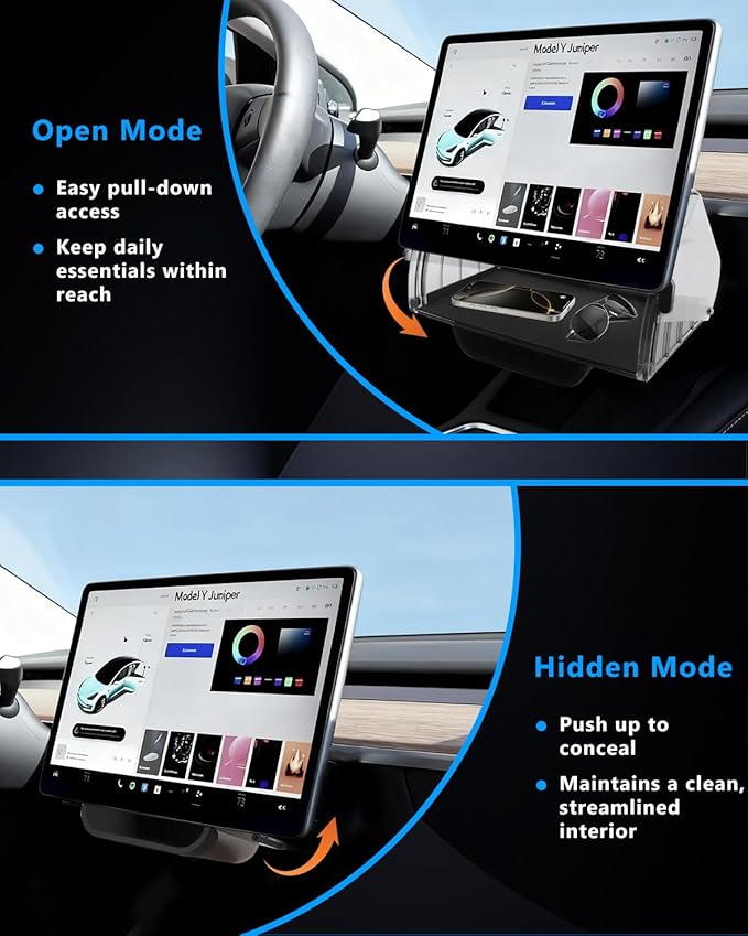 Under Screen Storage Box for Tesla Model Y Juniper 2025 2026, Center Console Organizer Tray Accessories for Model 3 Highland 2024+, Hidden Design (Not for Model Y 2020-2024/Model 3 2017-2023)