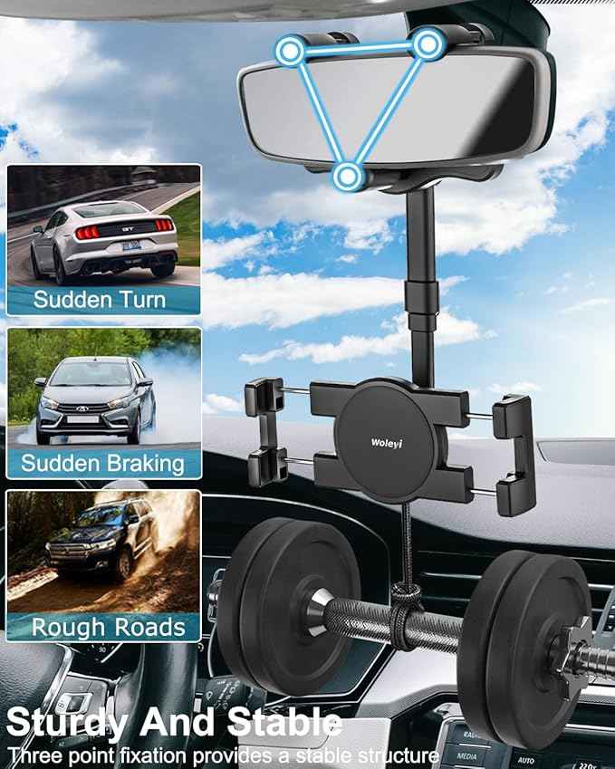 woleyi Rearview Mirror Tablet Holder for Car, Rear View Mirror Car Tablet Mount, 360° Rotatable Adjustable Universal Clip, for iPad Pro Air Mini, Galaxy Tabs, Z Fold, Fire HD, iPhone, 4.7-11" Devices
