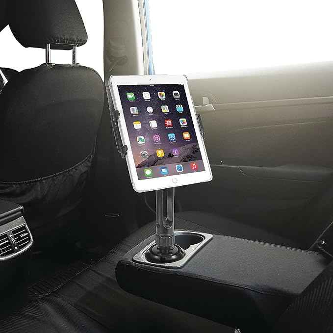 Macally Cup Holder Tablet Mount - Heavy Duty iPad Cup Holder Car Mount Stand or Tablet Holder for Car, Truck, and Vehicle - Fits Devices 3.5" - 8” Wide with Case - Adjustable iPad Holder for Car