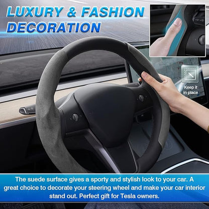 Shademax Custom-Fit for Tesla Steering Wheel Cover, Tesla Model Y / 3 2017-2025 2026 (Fit Model Y Juniper 2026/ Model 3 Highland) Suede Steering Wheel Cover Protector Model Y/ 3 Accessories (Gray)
