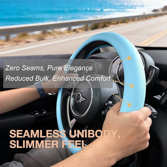 PINCTROT Nappa Leather Steering Wheel Cover, Slim Fit No Bulk Design, One Piece Leather with Breathable Perforation, Fit Like Gloves, Universal 14.5-15 Inch(Nappa Aqua)