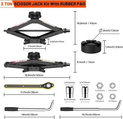 Universal Scissor Jack 2 Ton, 5.1"-16.9" Lifting Range Heavy Duty Car Jack Kit with Jack Pad, Portable Tire Changing kit with Lug Wrench, Tire Jack for Car SUV MPV
