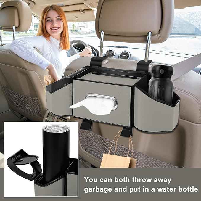 7-In-1 Car Seat Back Organizer with Cup Holders, Tissue Box, Garbage Can&Hooks, Multifunctional Headrest Storage Organizer, Headrest Cup Holder for Backseat, Car Accessories for Trips, Travels(Gray)