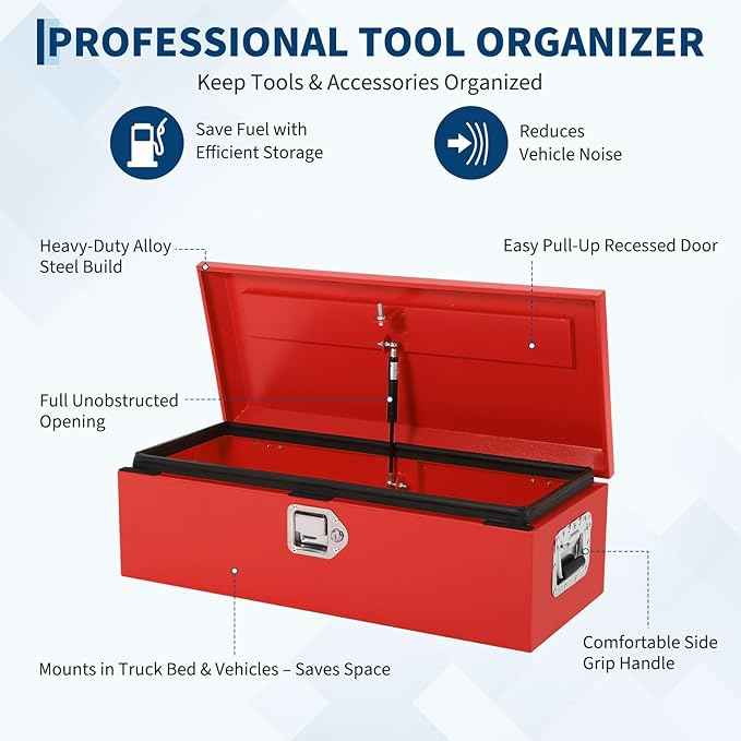 Heavy Duty Steel Metal Tool Box 20" for Truck Bed, Locking Plate Crossbed Storage Chest with Gas-Strut Assisted Lid, Weather-Resistant Truck Bed Tool Box for Pickup, Trailer, RV