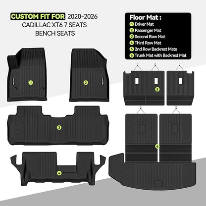 Tongama-Floor Mats for 2020-2026 Cadillac XT6 7 Seats with Bench Seats, All Weather TPE Floor Liners & 2nd Backrest Mats & Trunk Mat with Backrest Mat for Cadillac XT6 Waterproof Interior Accessories
