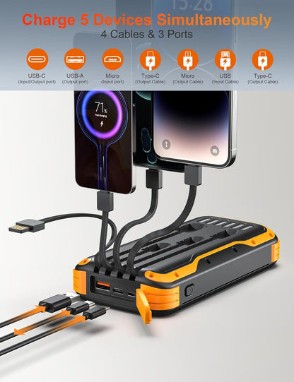 Solar Charger Power Bank, 40000mAh Portable Phone Charger Built in 4 Cables with USB C in/Output, PD 20W Fast Charging Portable Charger, External Battery Pack with Dual Bright Flashlights