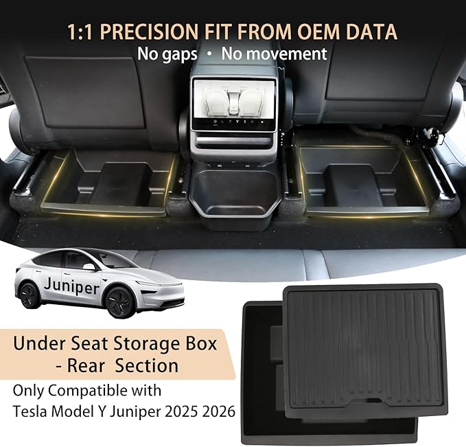 Under Seat Storage Box Organizer for Tesla Model Y Juniper 2025 2026 - Rear Row，Anti-Slip Hidden Underseat Organizer Tray with Lid Cover Storage Box for Model Y Juniper Interior Accessories (1 Pack）
