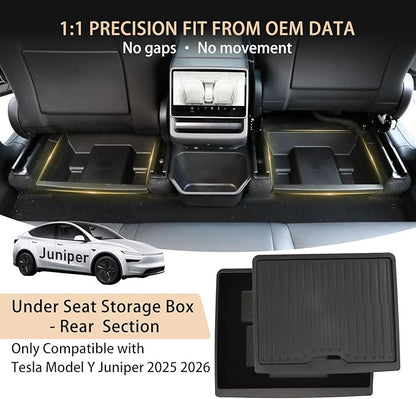 Under Seat Storage Box Organizer for Tesla Model Y Juniper 2025 2026 - Rear Row，Anti-Slip Hidden Underseat Organizer Tray with Lid Cover Storage Box for Model Y Juniper Interior Accessories (1 Pack）