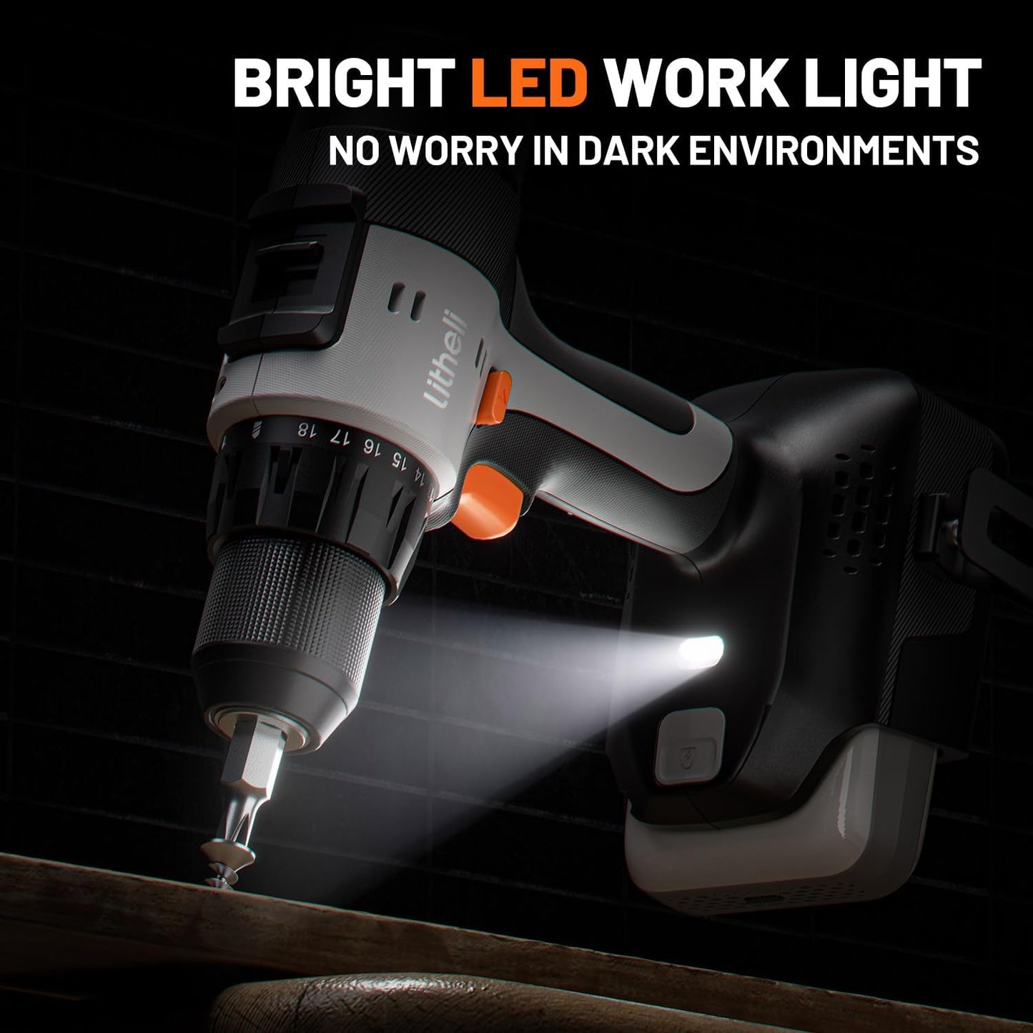 Litheli 20V Cordless Drill Driver Set, Electric Power Drill with 2 Variable Speed Settings, 1/2 Inch Keyless Chuck, 21+1 Clutch Settings with Maximum Torque of 443 In-lbs (Charger not Included)