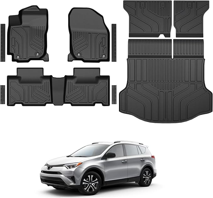 Floor Mats for Toyota RAV4 Gas 2013-2018, All Weather Floor Mats Trunk Cargo Liner with Backrest Protectors and Door Sill Guards Accessories, Full Coverage Set