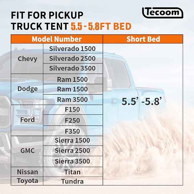 Tecoom Truck Bed Tent, Double Layer Waterproof PU3000mm for 5.5-6.7ft, Portable 2/3 Person Compact Full Size Pickup with Rain Fly for Back of Camping Beach