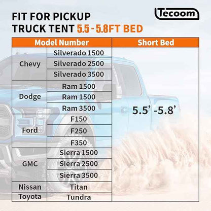 Tecoom Truck Bed Tent, Double Layer Waterproof PU3000mm for 5.5-6.7ft, Portable 2/3 Person Compact Full Size Pickup with Rain Fly for Back of Camping Beach