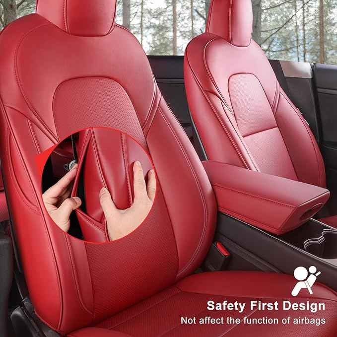 Tesla Model 3 Car Seat Covers Nappa Leather Car Interior Seat Airbag Compatible Cushion Cover Full Set Custom Fit 2023 2022 2021 2020 2019 2018, Nappa Wine Red
