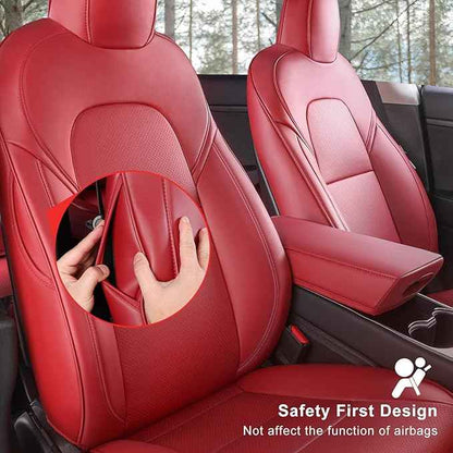 Tesla Model 3 Car Seat Covers Nappa Leather Car Interior Seat Airbag Compatible Cushion Cover Full Set Custom Fit 2023 2022 2021 2020 2019 2018, Nappa Wine Red