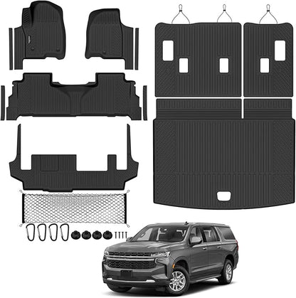 Tongama-Floor Mats for 2021-2024 Chevy Suburban/GMC Yukon XL 8 Seats with Bench Seats, All Weather TPE Trunk Mat & 3rd Row Backrest Mats & Cargo Net & Door Sill Guards for Suburban Accessories