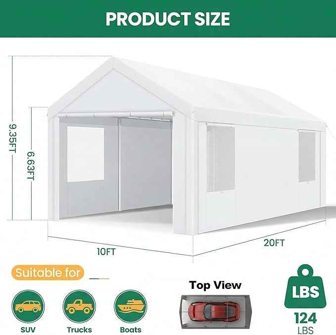COBIZI 10x20 FT Heavy Duty Carport with Galvanized Frame, Carport Canopy with Roll-up Windows, Storage Tent with Removable Sidewalls & Doors, Built-in Sandbags for Car Boat Truck, White
