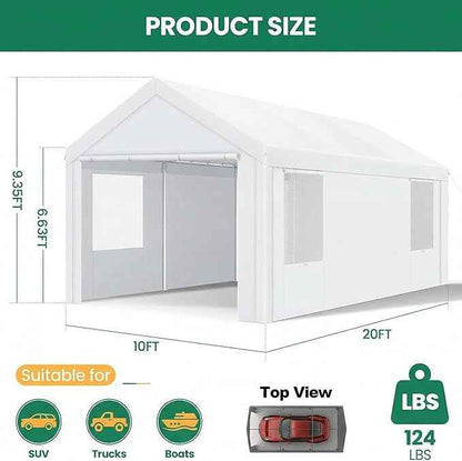 COBIZI 10x20 FT Heavy Duty Carport with Galvanized Frame, Carport Canopy with Roll-up Windows, Storage Tent with Removable Sidewalls & Doors, Built-in Sandbags for Car Boat Truck, White