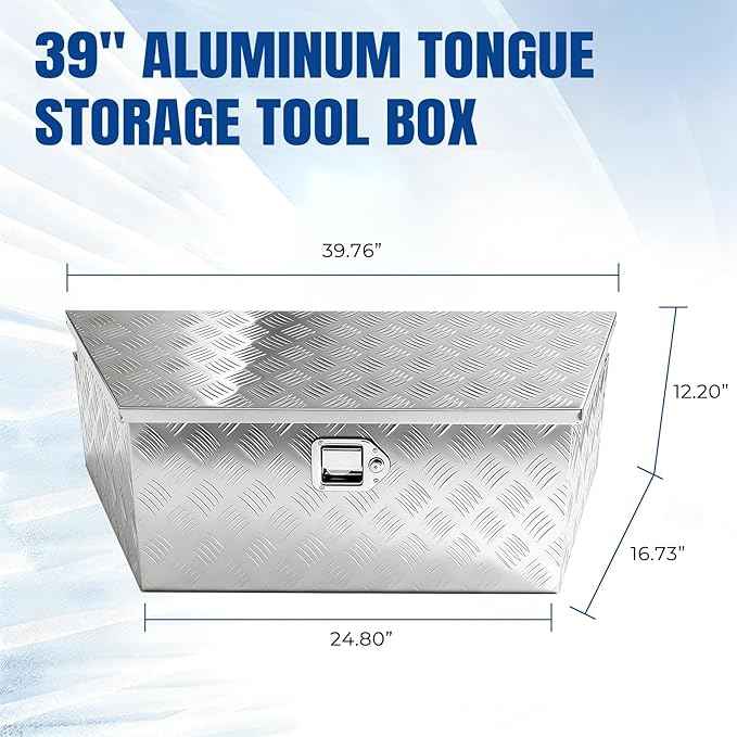 YESHMA 39" x 12" x 16.5" Trailer Tongue Tool Box Heavy Duty Aluminum with Latch and Keys Trailer Toolbox Organizer Truck Underbody Box Compatible with Pick Up Truck Bed RV Trailer ATV Silver