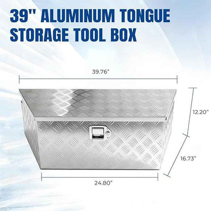 YESHMA 39" x 12" x 16.5" Trailer Tongue Tool Box Heavy Duty Aluminum with Latch and Keys Trailer Toolbox Organizer Truck Underbody Box Compatible with Pick Up Truck Bed RV Trailer ATV Silver