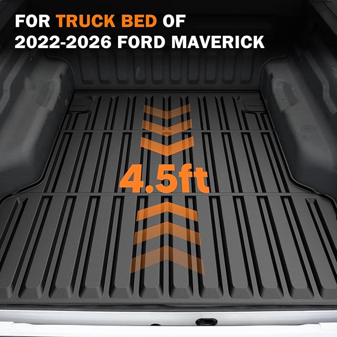 KUST Floor Mats Truck Bed Mat for 2022-2025 2026 Ford Maverick Accessories (Hybrid Only), All Weather Floor Liners & 4.5FT Bed Liner & Tailgate Mat, Full Set Truck Mats TPE Rubber, Raised Edge