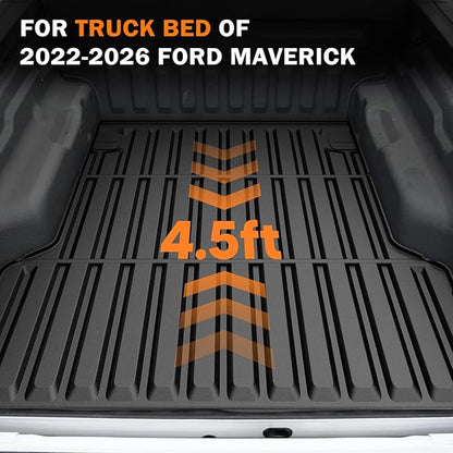 KUST Floor Mats Truck Bed Mat for 2022-2025 2026 Ford Maverick Accessories (Hybrid Only), All Weather Floor Liners & 4.5FT Bed Liner & Tailgate Mat, Full Set Truck Mats TPE Rubber, Raised Edge