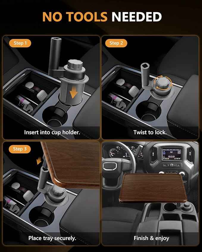 Car Desk for Laptop, 360° Rotation Cup Holder Table, Car Table & Car Food Tray for Tesla Model Y/3, F-150/Ram 1500/GMC Sierra 1500 & Most Vehicles, Car Accessories for Women & Men(Long Pole)