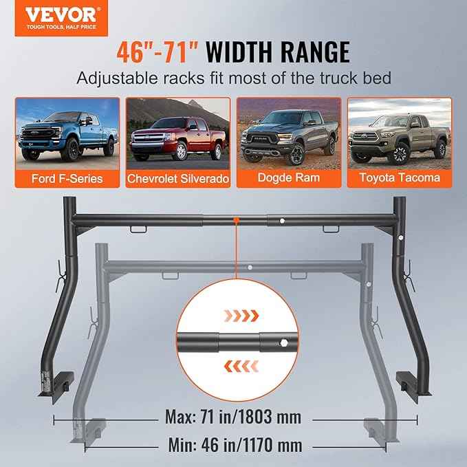 VEVOR Extendable Steel Truck Ladder Rack - 800 lbs Capacity, 46-71 inch, Non-Drilling for Kayak, Surfboard, Lumber, Ladder