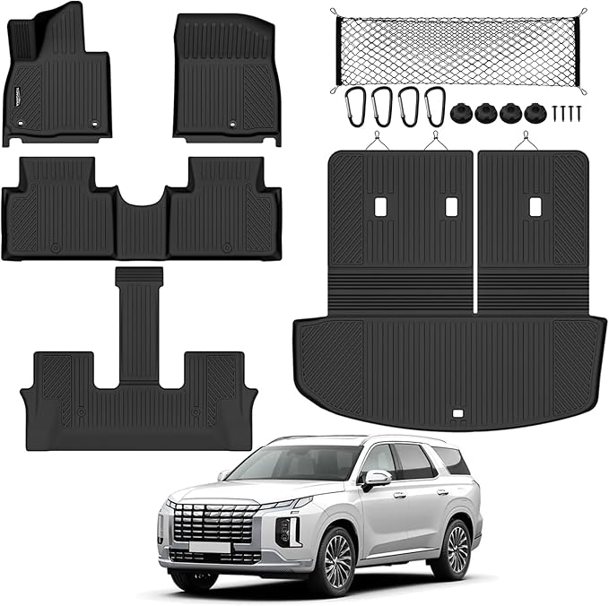 Tongama-Floor Mats for 2026 Hyundai Palisade(Only Gas), All Weather TPE Trunk Mat with Backrest Mat and Cargo Net for Hyundai Palisade Floor Liner Accessories