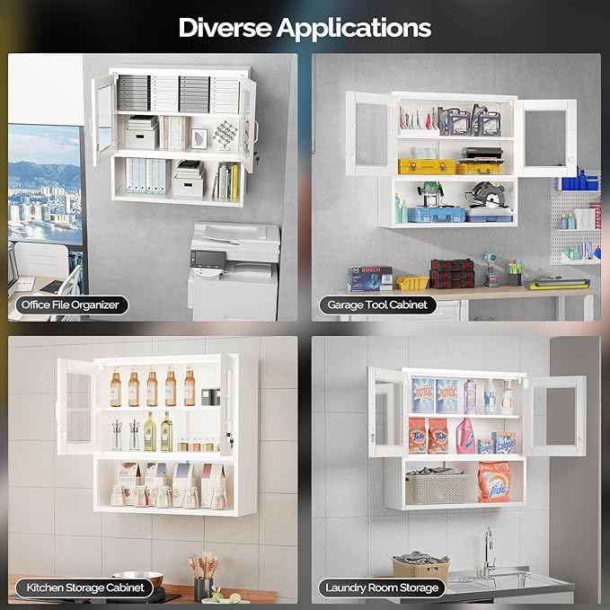 VINGLI Metal Wall Cabinet with Locking Glass Doors & Magnetic LED Sensor Light, Adjustable Shelf, Wall Mounted Storage Display Cabinets for Garage, Kitchen, Home Office, Warehouse, Living Room, White