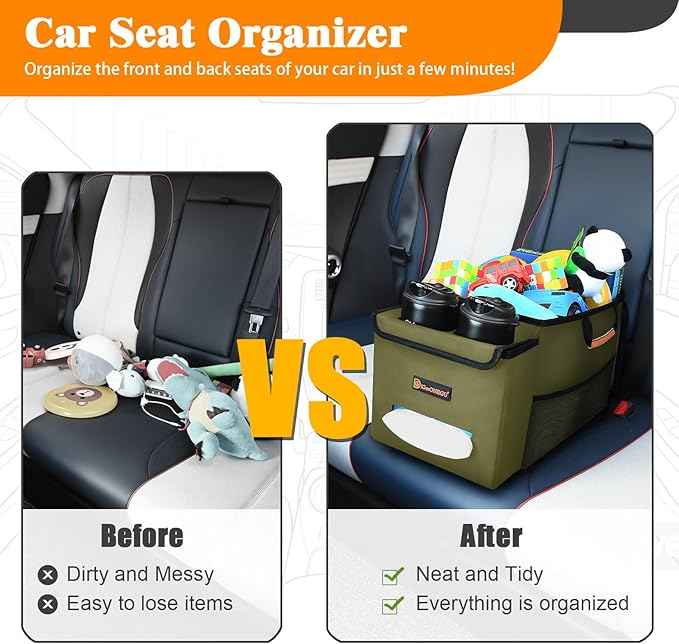 Car Seat Organizer-Car Organizers and Storage with Cooler Compartment, Car Organizer Front Back Seat for Kids, Car Storage Organizer with Lid Cup Holder Tissue Holder for Road Trips (Olive Green)