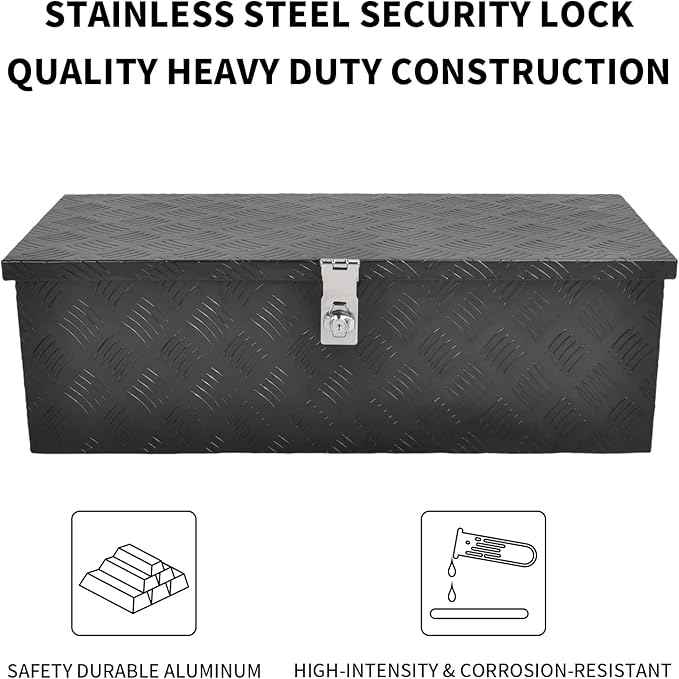 30 Inch Black Aluminum Tool Box 5 Bar Tread Chest Box Flatbox for Truck Car Outdoor Trailer Pickup Underbody RV ATV Storage Bed ToolBox w/Lock Side and Keys(30"X13"X10"),Black-30 Inch