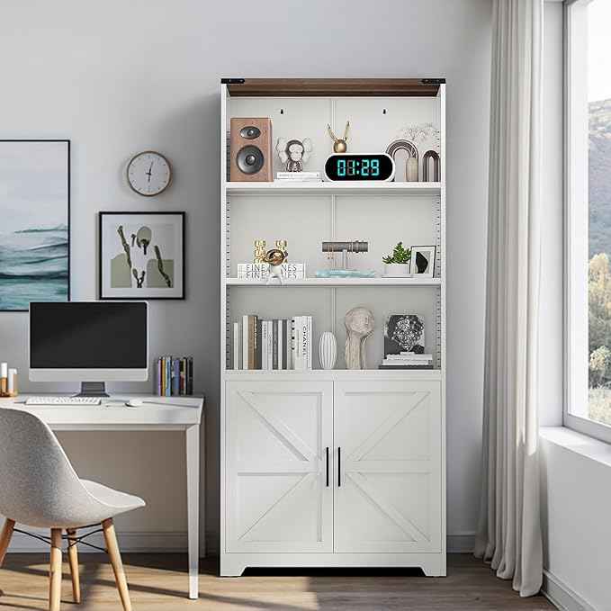 VINGLI Bookcase with Doors and Adjustable Shelves, Steel 70" Tall Bookshelf, 6-Tier Farmhouse Metal Storage Cabinet for Study, Living Room, Home Office, Kitchen Pantry, White Display Cabinet