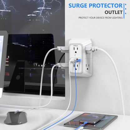 2 Pack Outlet Extender Surge Protector, 6 Outlet Splitter with 4 USB Outlet (2 USB A,2 USB C), 3Sided Power Strip with Adapter Spaced Outlets for Home, Office, Travel(White)