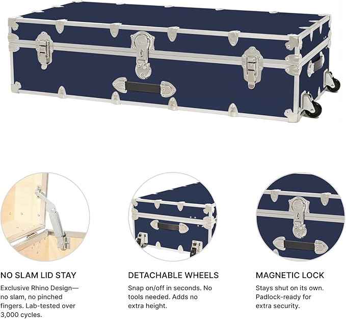 Rhino Trunk & Case Trundle Home Storage & College Trunk With Wheels - 44”x20”x12” - 1500+ lbs Capacity. USA Made Secure Under-Dorm Bed Footlocker for Clothes and Food, and Underbed Shoe Storage Box