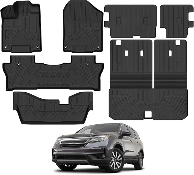 Custom Fit Floor Mats for 2016-2022 Honda Pilot 8 Seats 2nd-Row Bench Seat(No Elite Models), All Weather TPE Floor Liner & Trunk Mat & Backrest Protectors, Odorless Full Set Interior Accessories