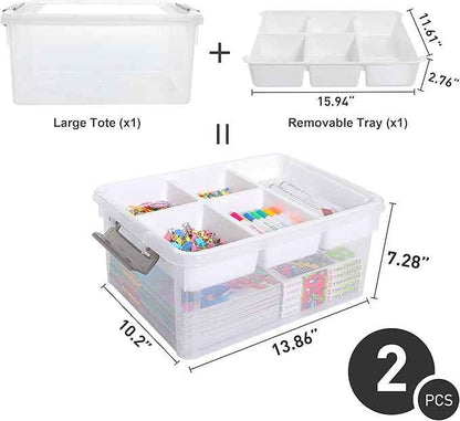 Citylife 17 QT Plastic Storage Box with Removable Tray Craft Organizers and Storage Clear Storage Container for Organizing Bead, Tool, Sewing, Playdoh, 2 Packs