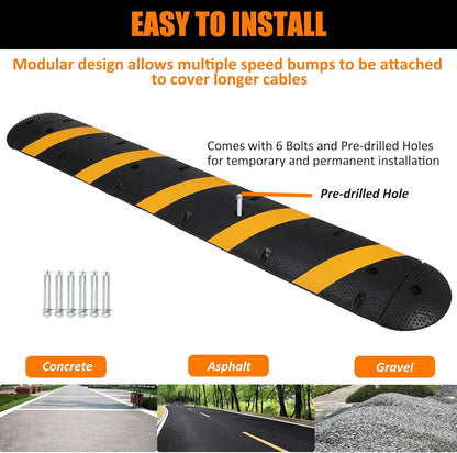 84'' Rubber Speed Bump, 1 Pack 2 Channel Modular Heavy Duty Speed Bumps Humps 25000 lbs Load Capacity, Cable Protector Ramp with 2 End Caps for Asphalt Concrete Gravel Driveway Road
